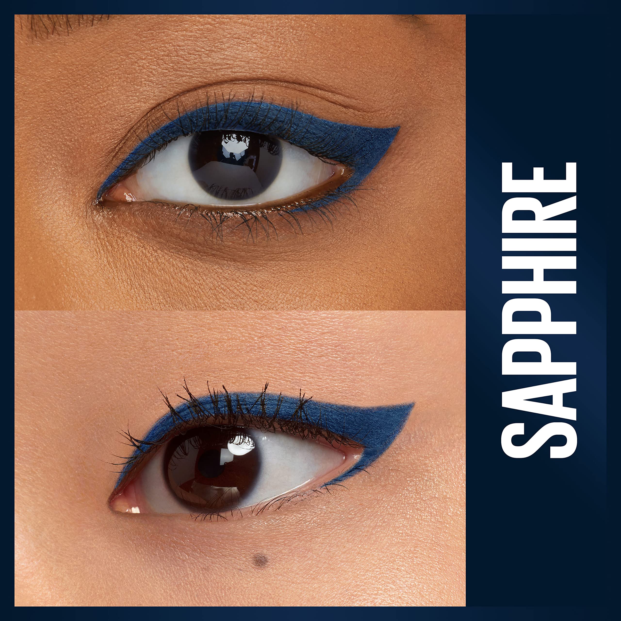Maybelline Unstoppable Sapphire swatch demonstrates vivid blue payoff and smooth glide.