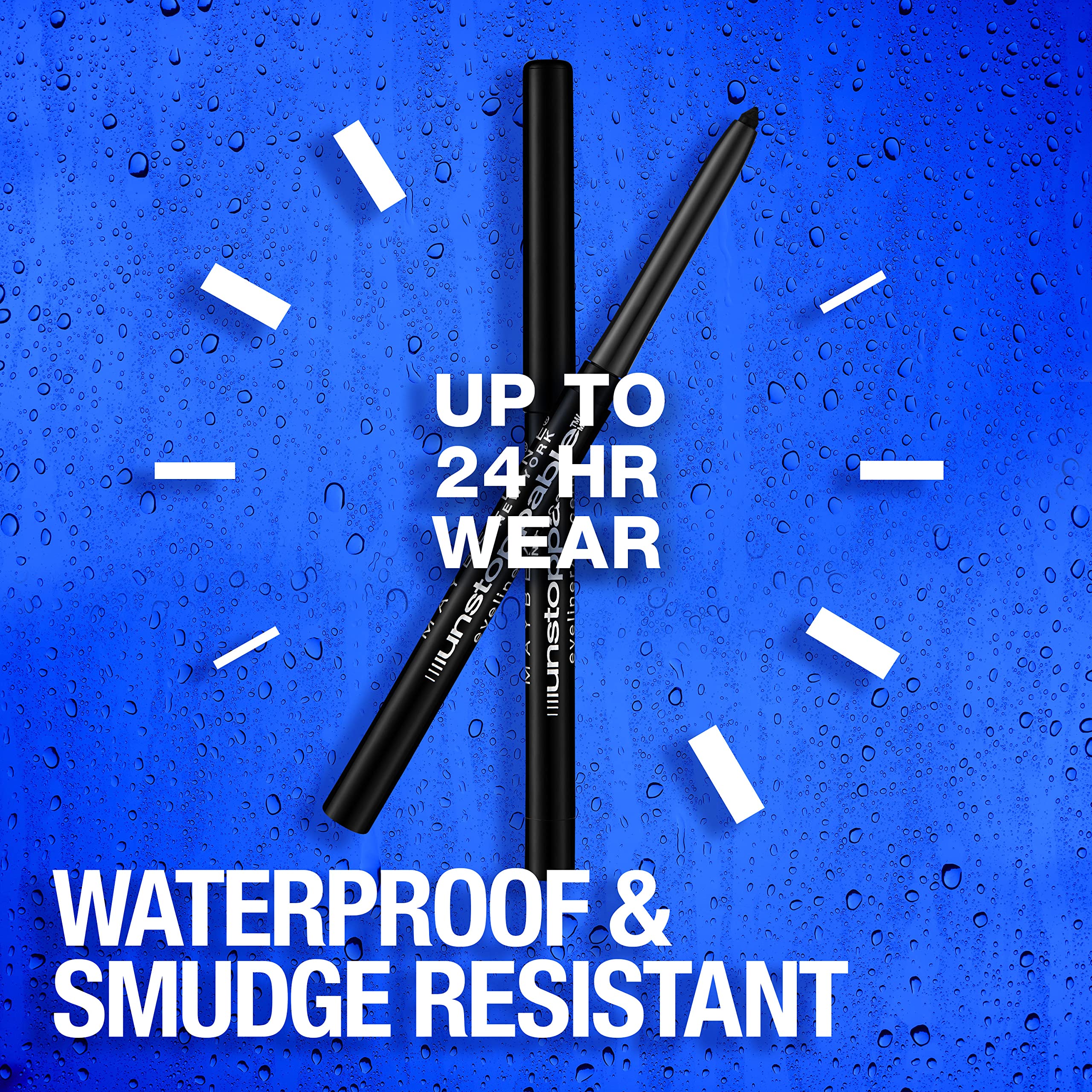 Maybelline Unstoppable eyeliner pencil close-up of self-sharpening tip for precise, constant definition.