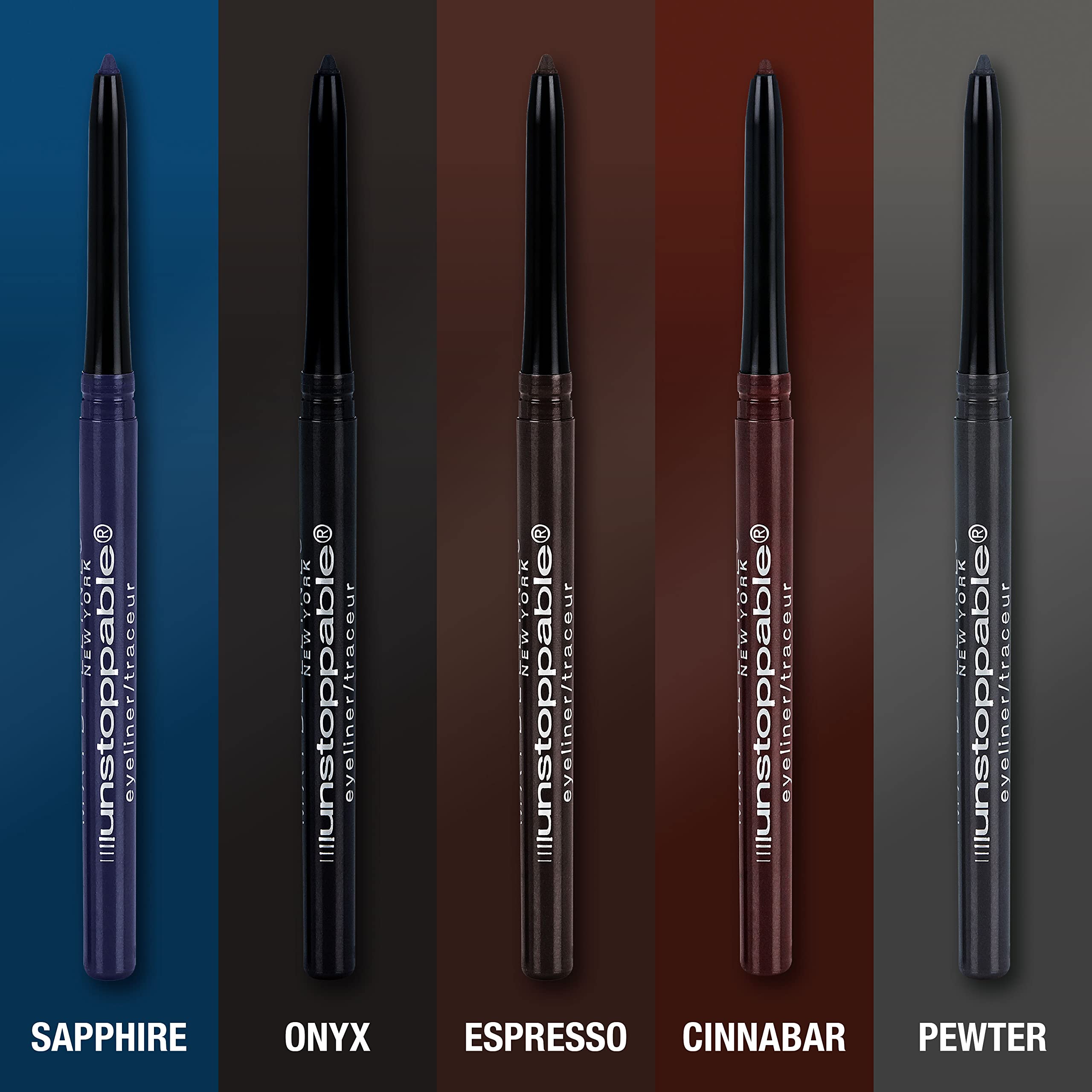 Maybelline Unstoppable sapphire eyeliner close-up demonstrating waterproof, smudge-resistant formula.