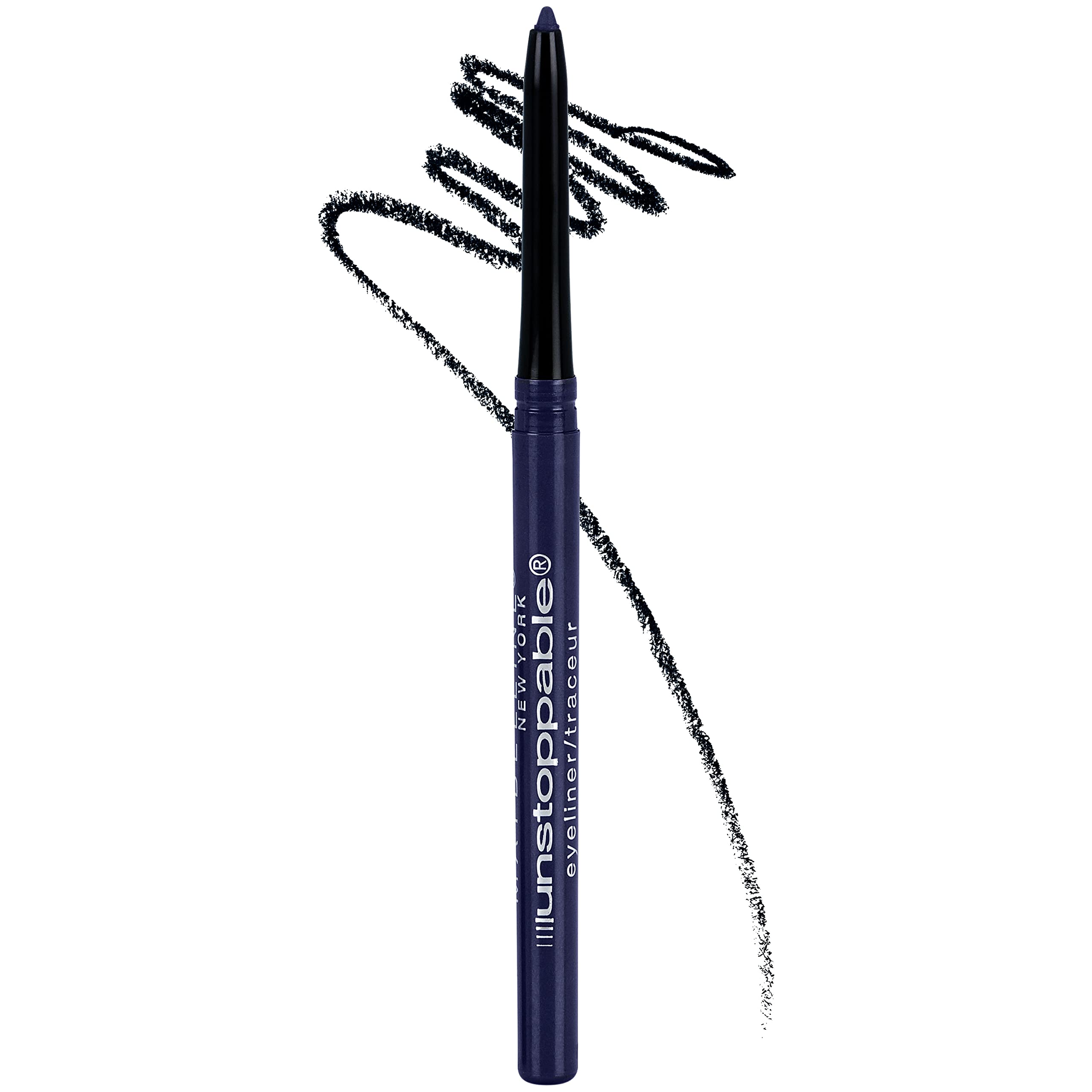 Maybelline Unstoppable sapphire eyeliner pencil close-up showing long-lasting, smudge-resistant color for daily wear.