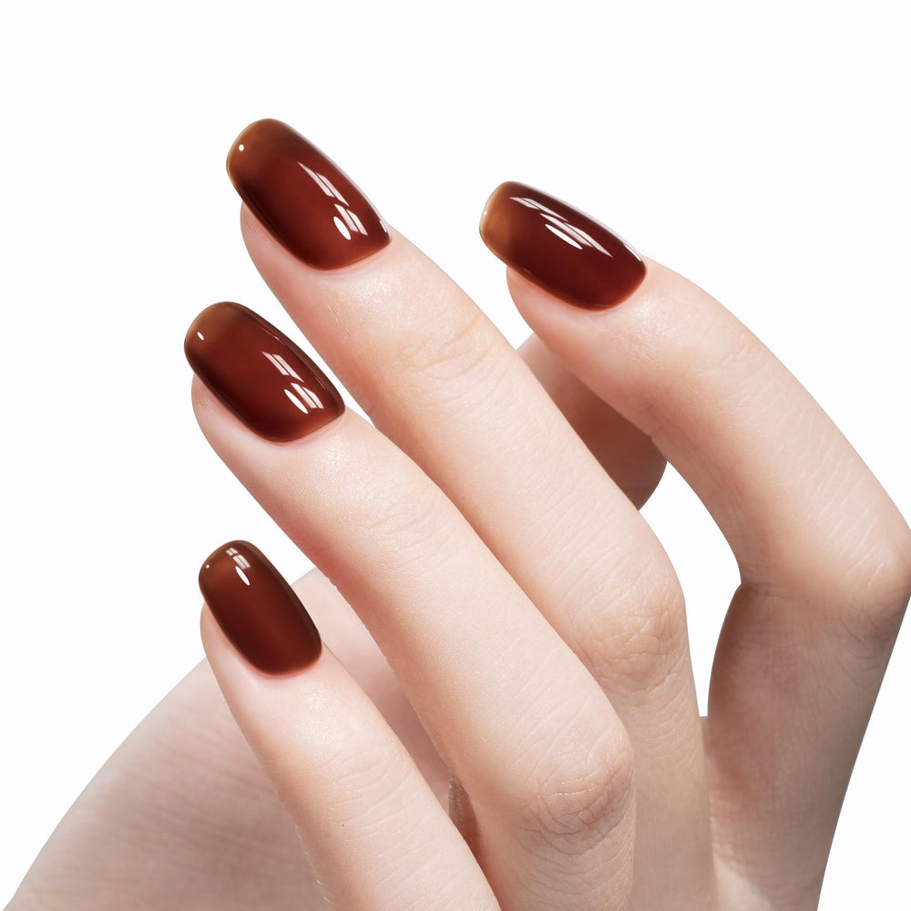 MAYCHAO jelly gel nail polish in transparent hot cocoa for natural nails.