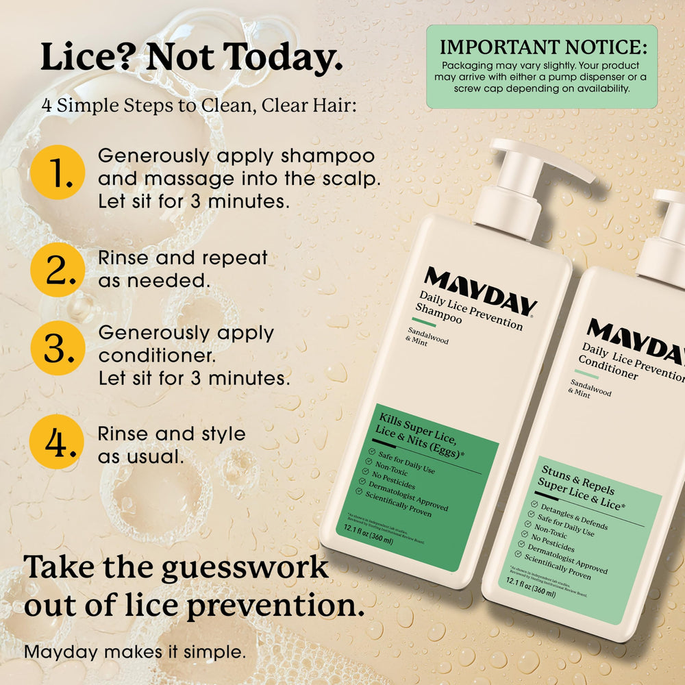 MAYDAY bundle packaging emphasizes a complete daily lice defense system for families.