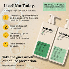 MAYDAY bundle packaging emphasizes a complete daily lice defense system for families.