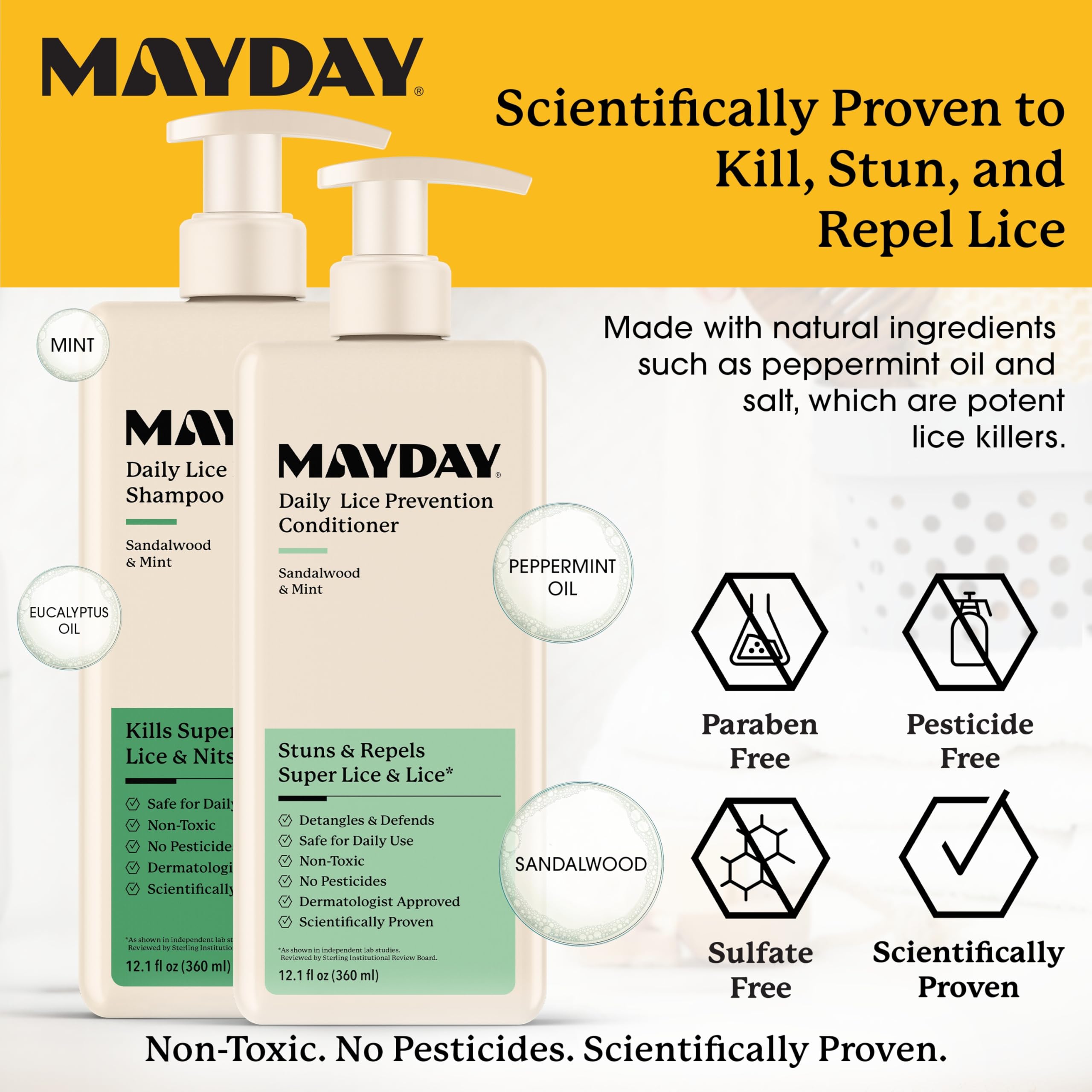 MAYDAY Daily Lice Conditioner bottle supports detangling and hydration for smooth, lice-free hair.