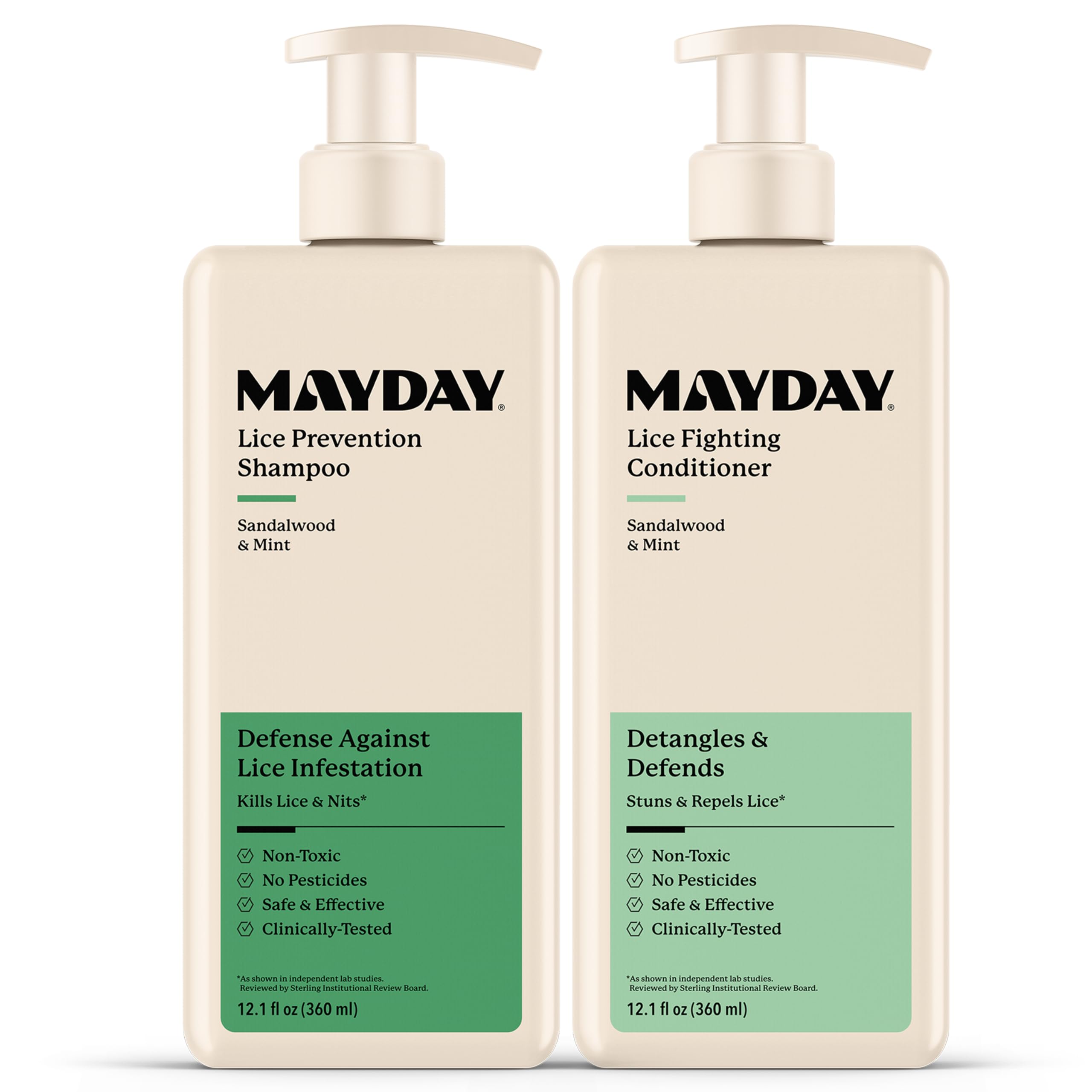 MAYDAY Daily Lice Shampoo bottle shows a toxin-free shield for family hair care.