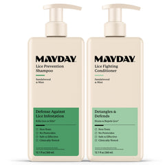 MAYDAY Daily Lice Shampoo bottle shows a toxin-free shield for family hair care.