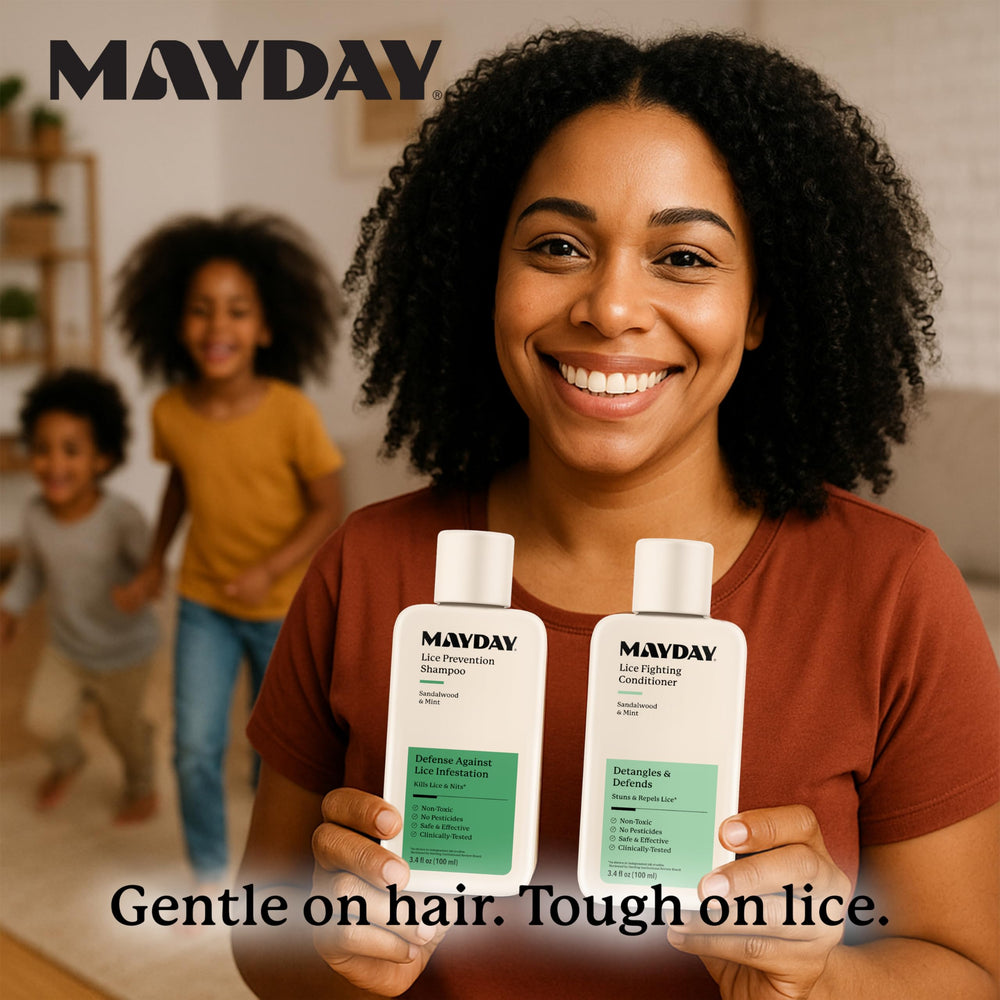 MAYDAY daily-use bundle setup on bathroom shelf.