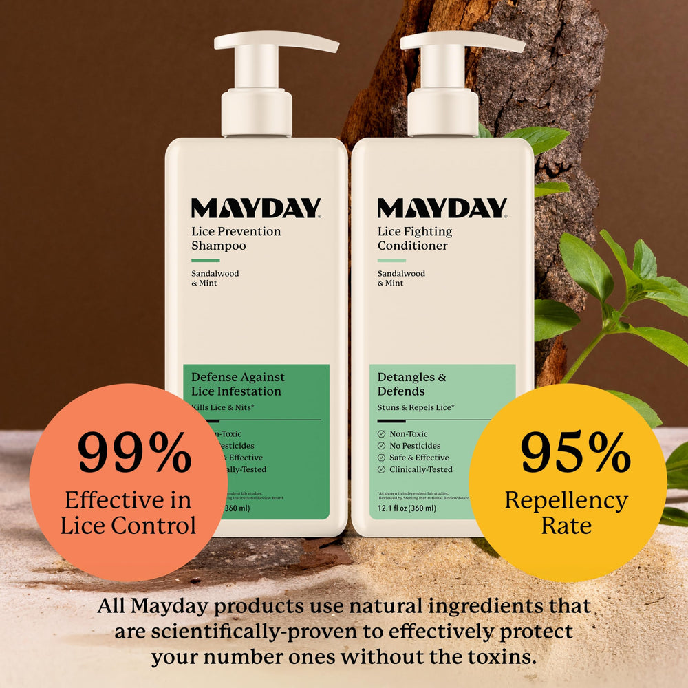 MAYDAY family use with a child demonstrating easy daily lice protection and comfort.