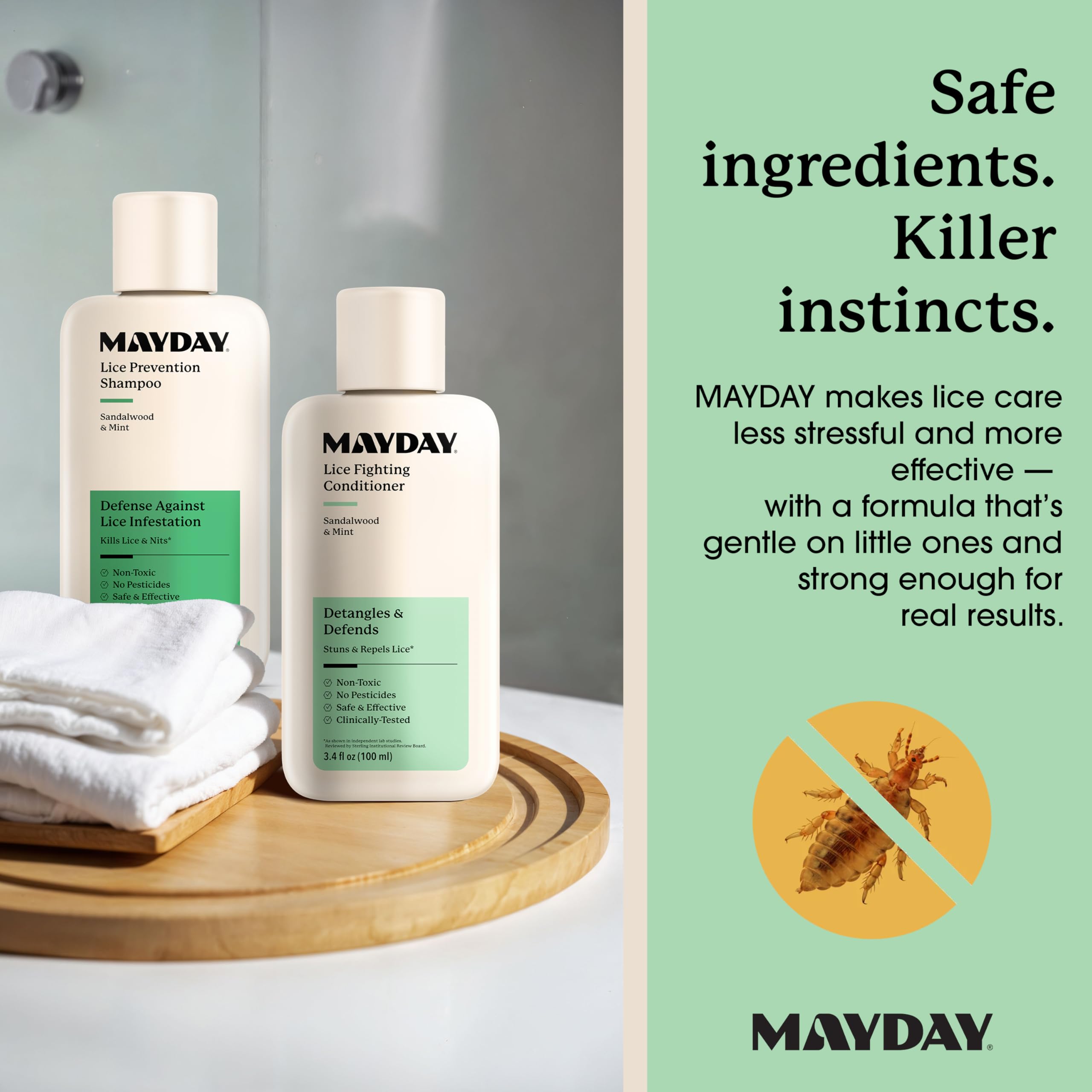 MAYDAY family-use-friendly packaging indicating safe daily lice defense.