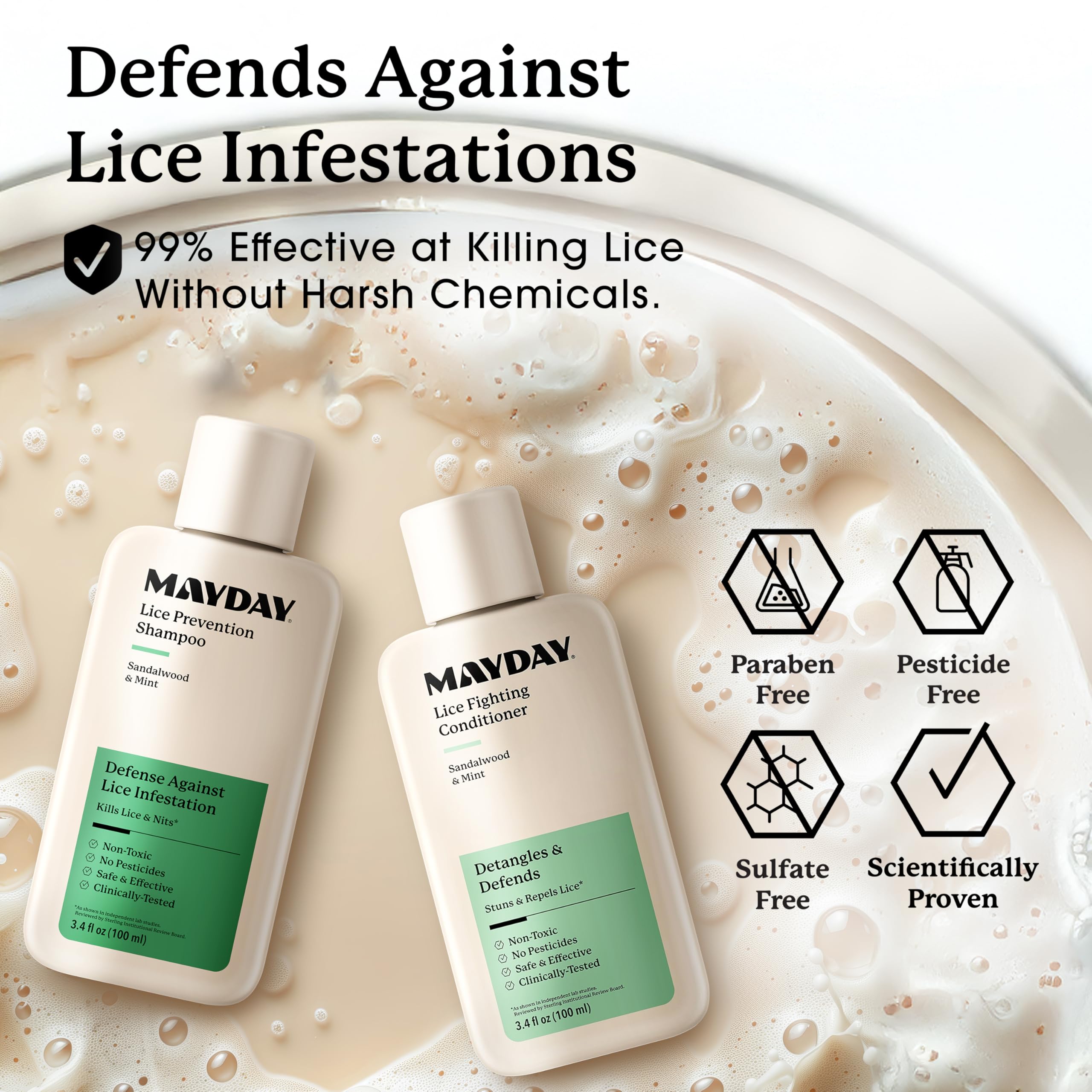 MAYDAY Lice Fighting Conditioner bottle showing detangling and lice defense benefits.