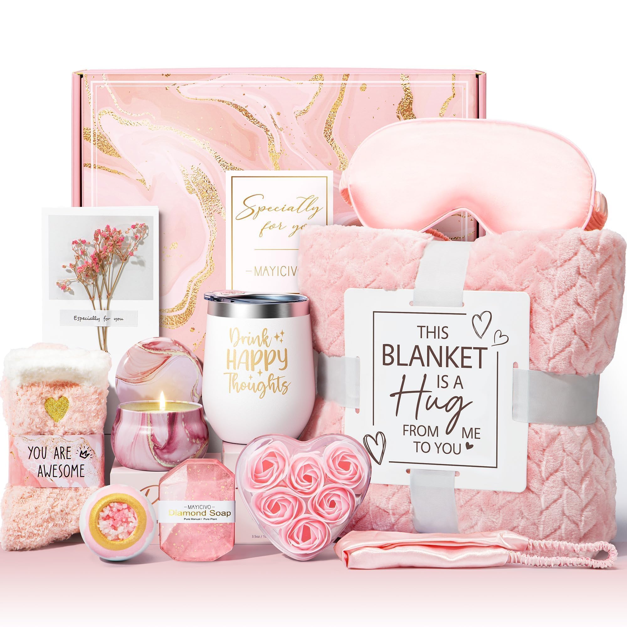 MAYICIVO rose spa gift basket with plush blanket for cozy self-care at home