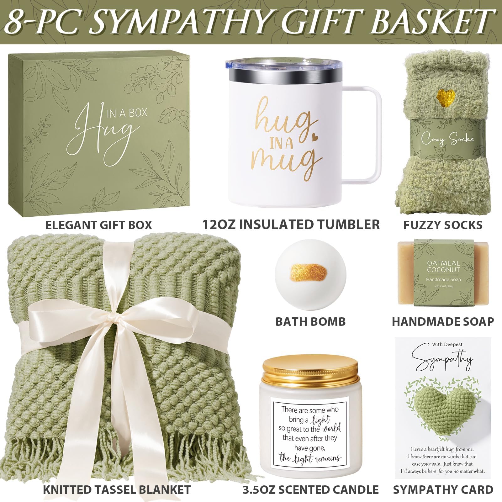 MAYICIVO sympathy gift basket tumbler visual: 12oz BPA-free stainless steel mug keeps drinks warm or cool for long chats.