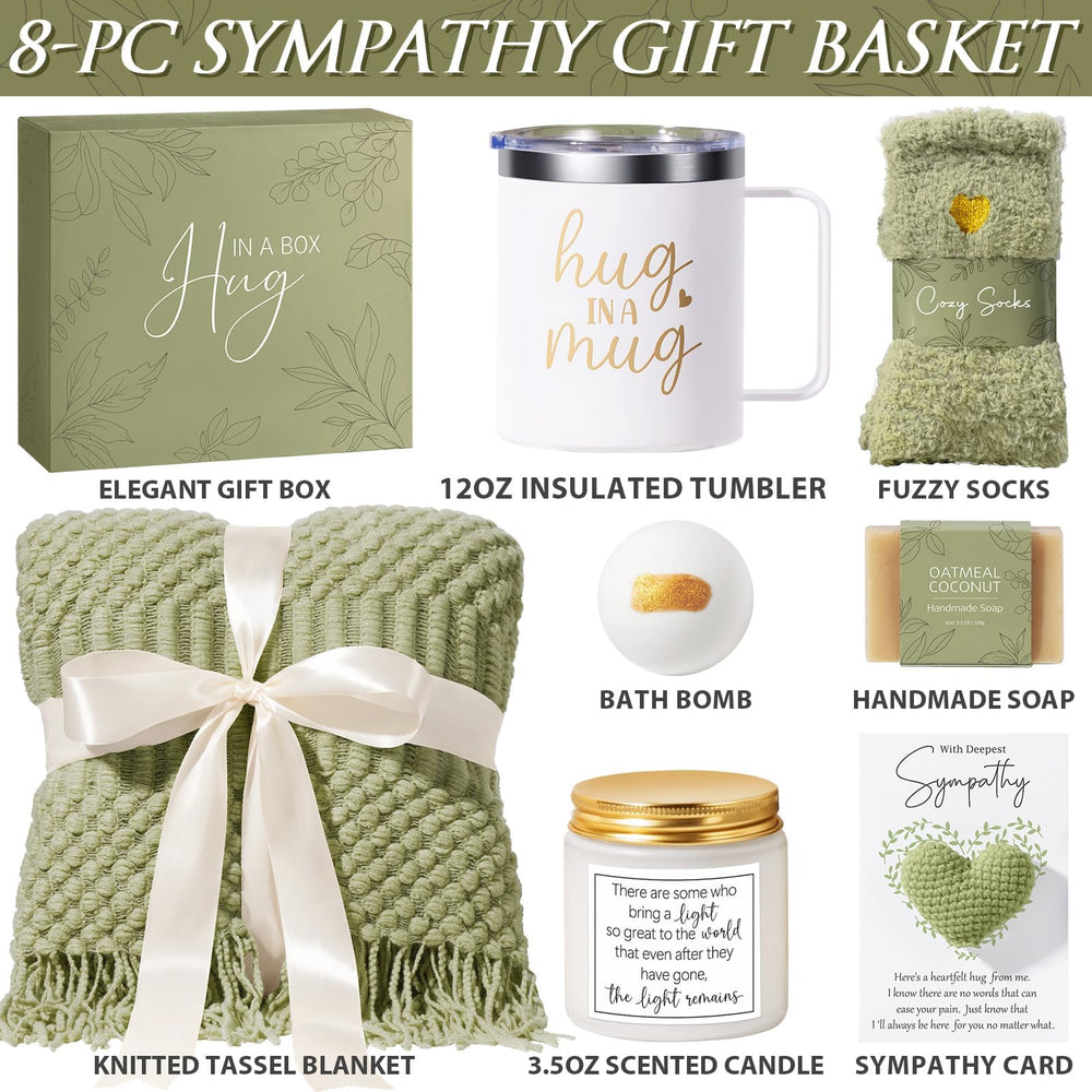 MAYICIVO sympathy gift basket tumbler visual: 12oz BPA-free stainless steel mug keeps drinks warm or cool for long chats.