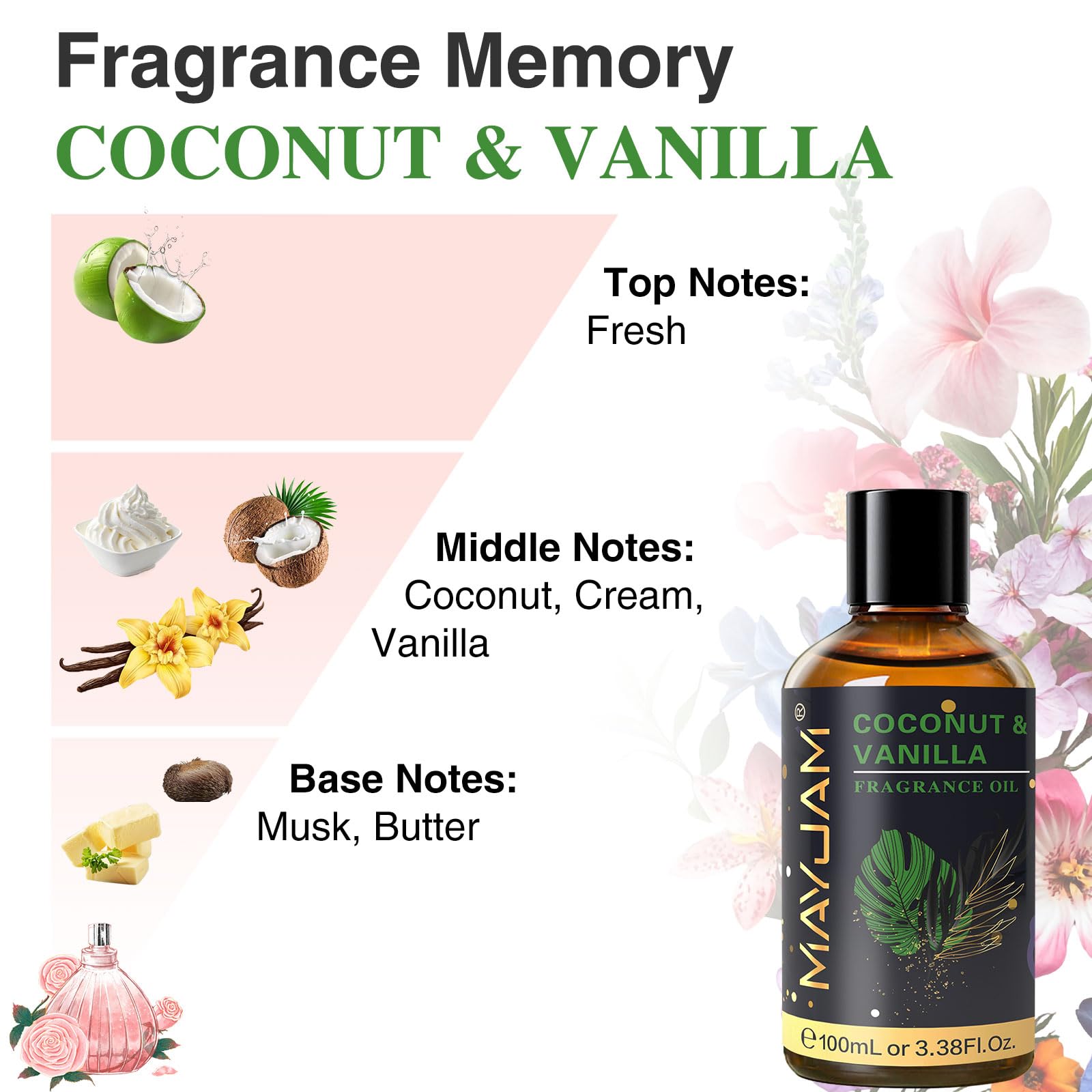 MAYJAM Coconut & Vanilla fragrance oil label on bottle for diffusers