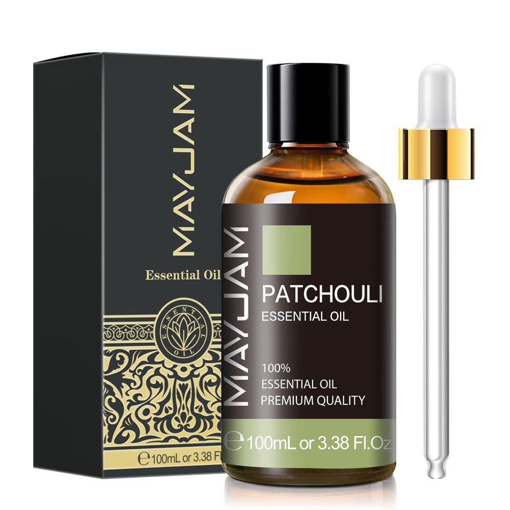 MAYJAM Patchouli Oil bottle in amber glass for long-lasting diffuser fragrance.