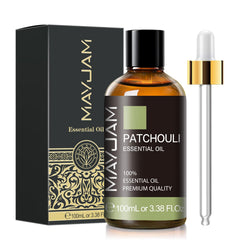 MAYJAM Patchouli Oil bottle in amber glass for long-lasting diffuser fragrance.