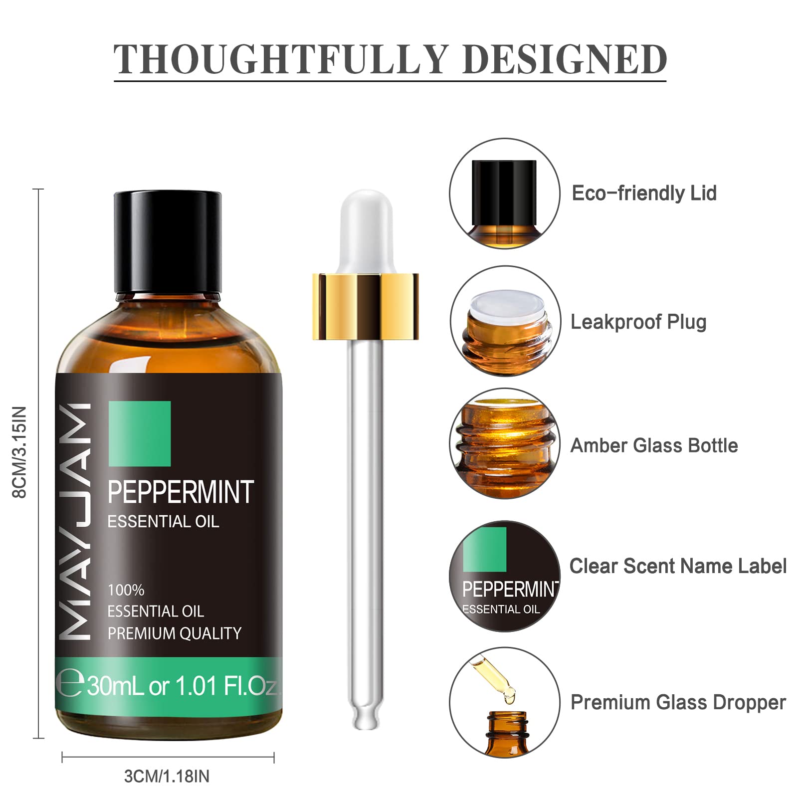MAYJAM Peppermint Oil amber glass bottle preserves fragrance and quality.