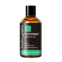 MAYJAM Peppermint Oil bottle offers a cooling scent for diffusers.