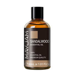 MAYJAM Sandalwood Essential Oil bottle front view for diffuser aromatherapy.
