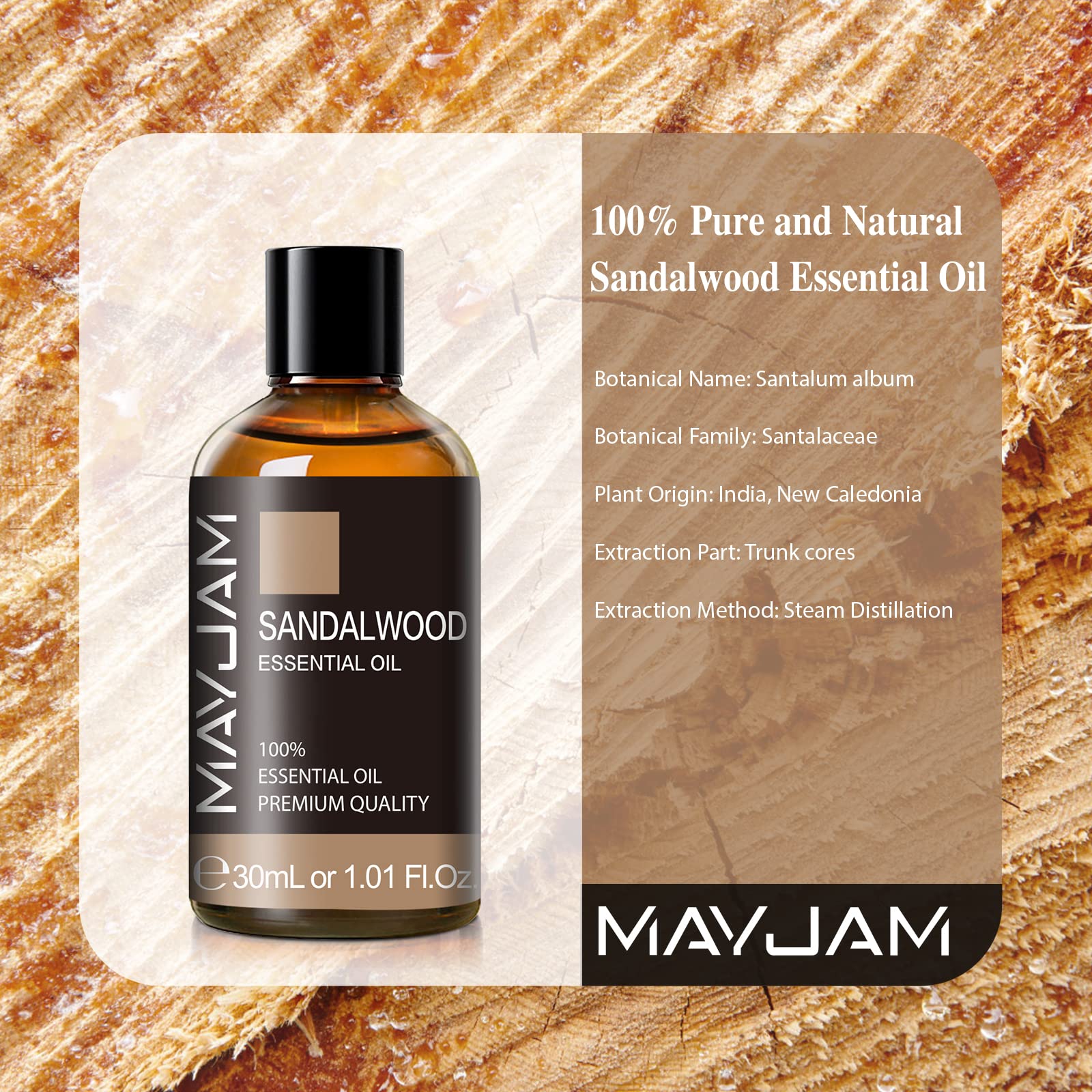 MAYJAM Sandalwood Essential Oil dropper ready for candles and blends.