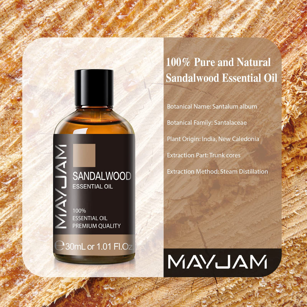 MAYJAM Sandalwood Essential Oil dropper ready for candles and blends.