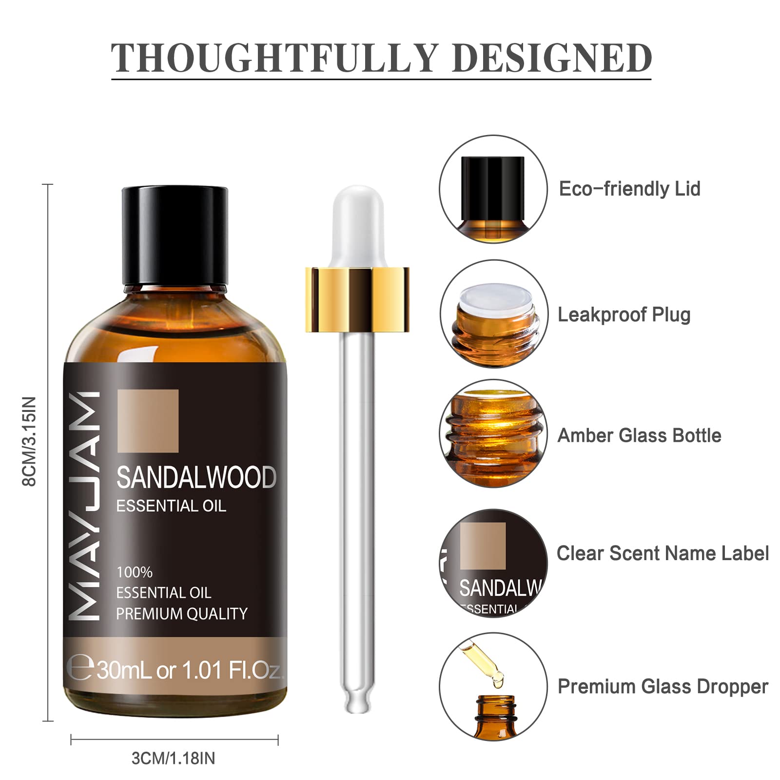 MAYJAM Sandalwood oil dropper cap close-up for precise dosing.