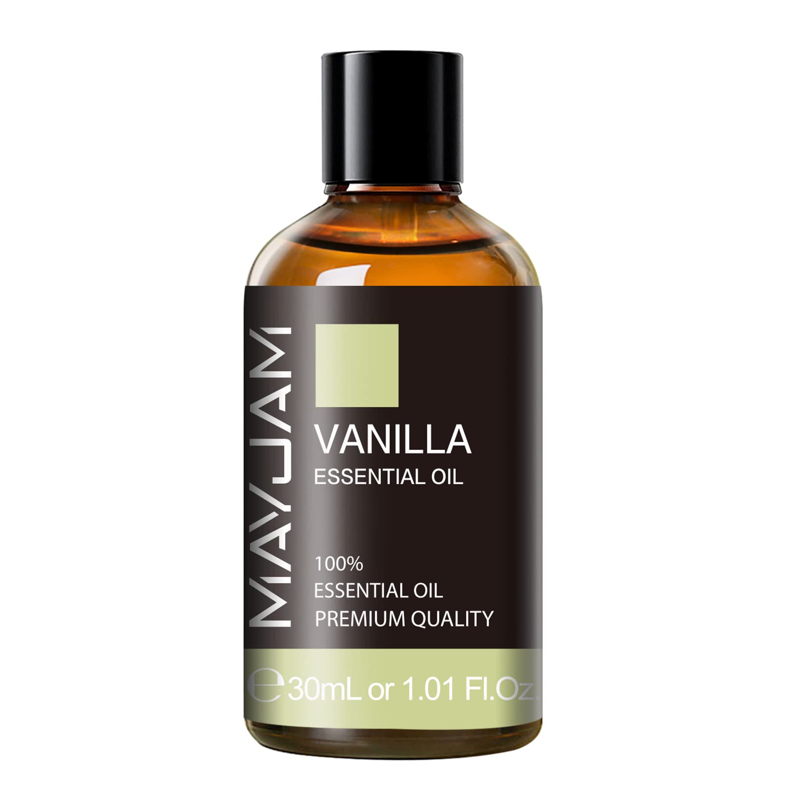 MAYJAM vanilla essential oil bottle in amber glass for long-lasting aroma.