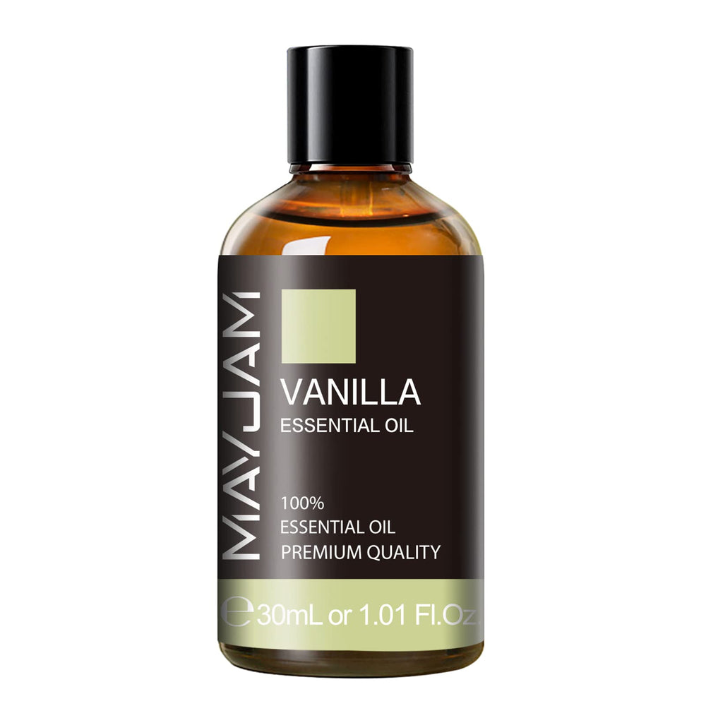 MAYJAM vanilla essential oil bottle in amber glass for long-lasting aroma.