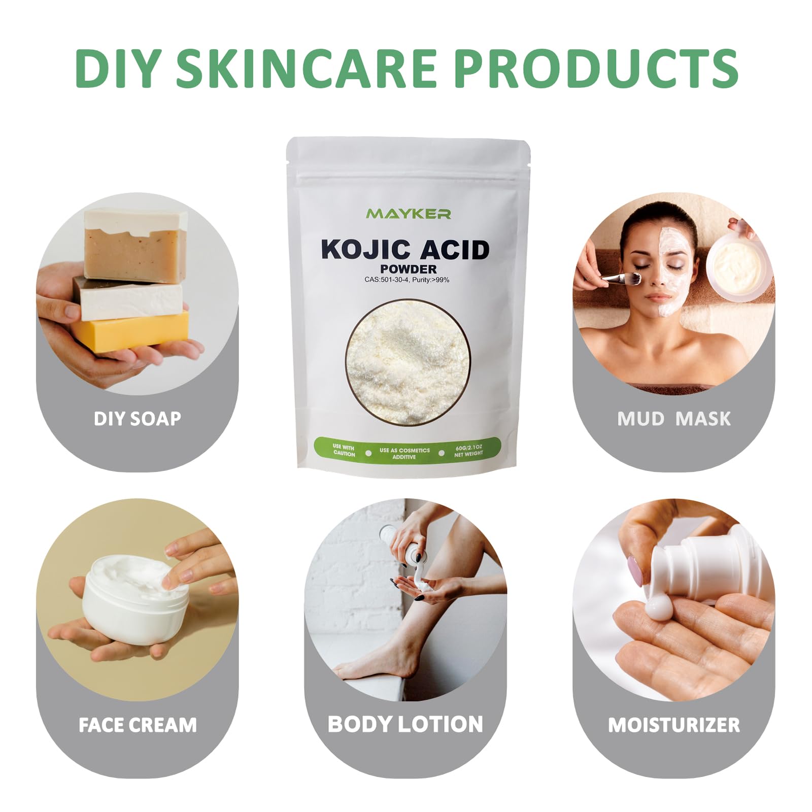 MAYKER Kojic acid powder dissolves easily in water and creams for DIY serums.