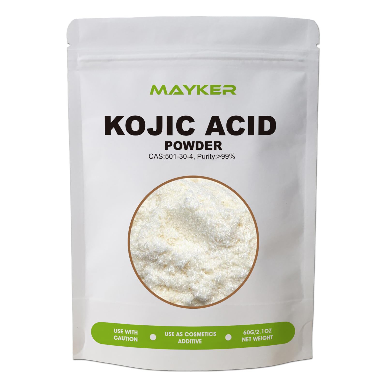 MAYKER Pure Kojic Acid Powder packaging, 60 g with double-layer protection.