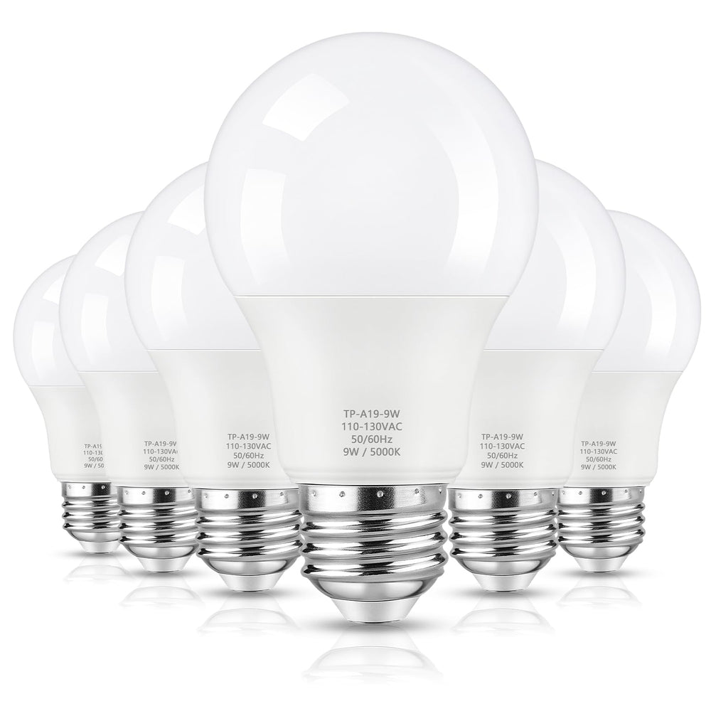 Maylaywood A19 LED bulb emits 850 lumens at 5000K for crisp daylight illumination.
