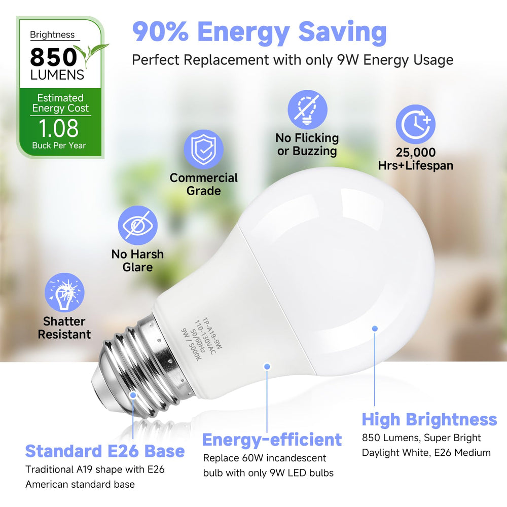 Maylaywood A19 non-dimmable 9W bulb offers energy savings.