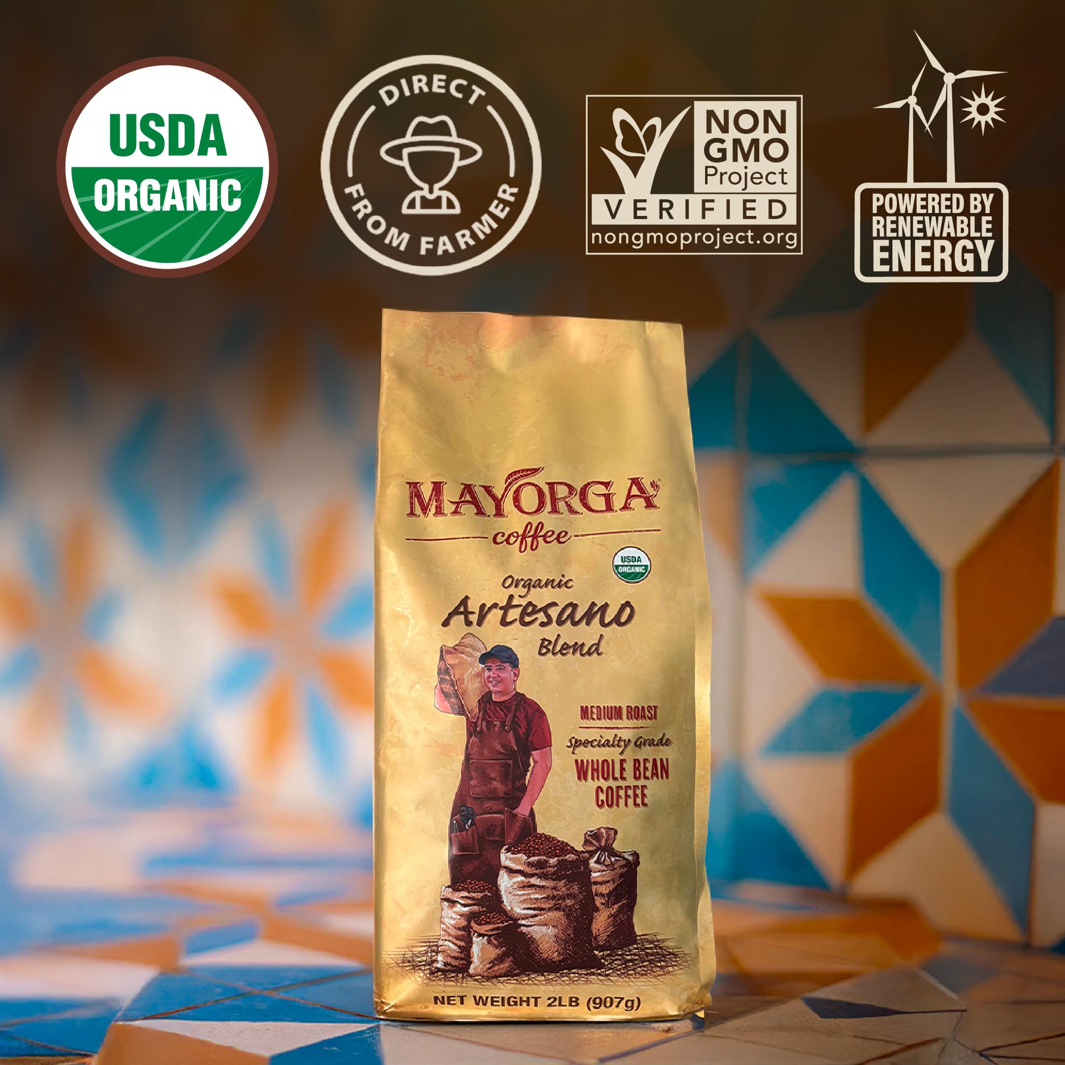 Steaming cup of Mayorga Artesano Blend with rich chocolate-nut aromas.