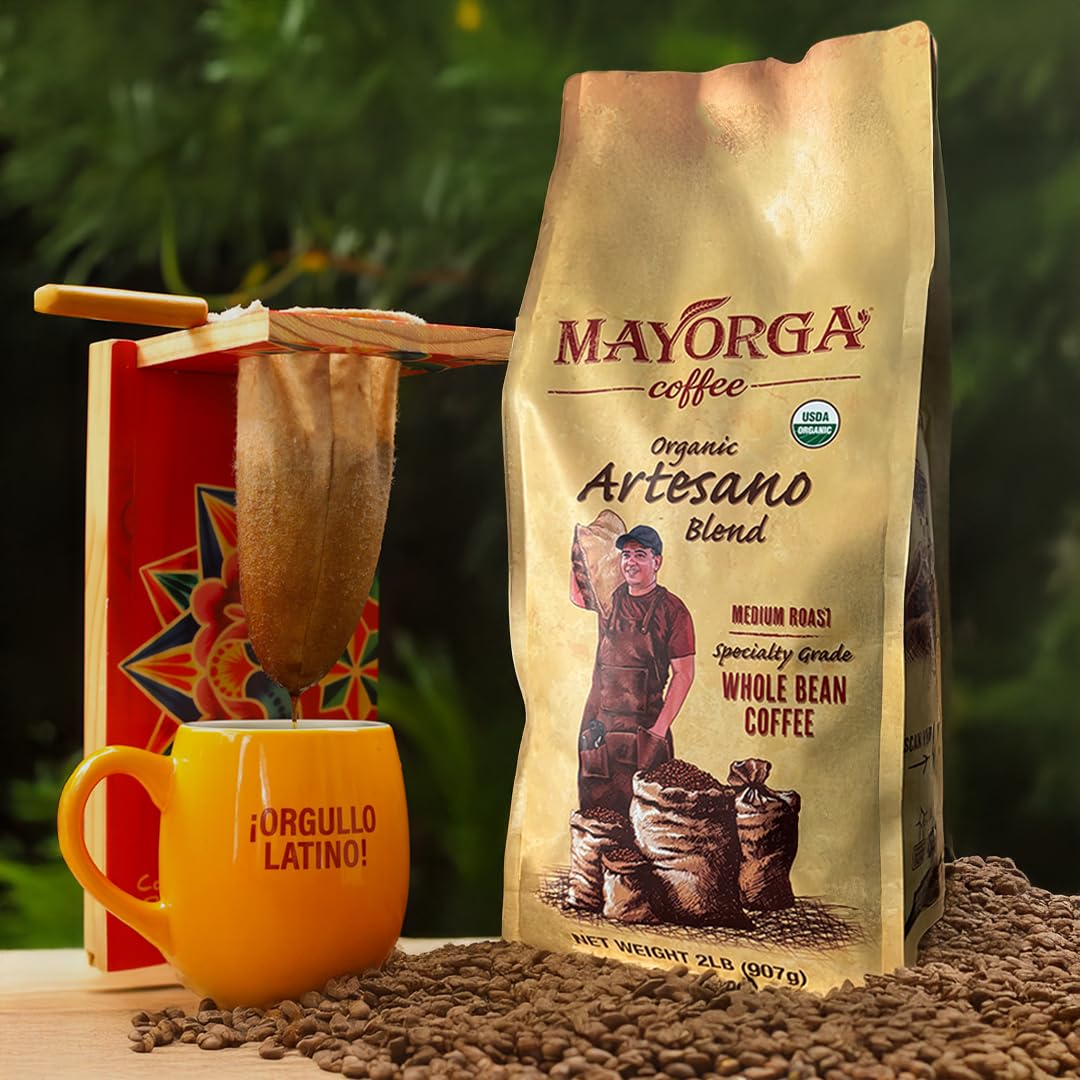 Mayorga Artesano Blend Latin slow-roast badge highlighting flavor depth.