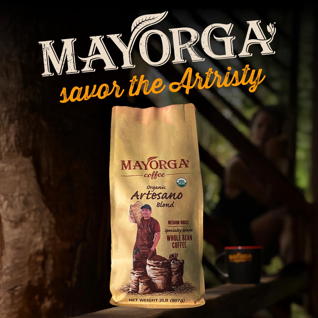 Close-up of organic label on Mayorga Artesano Blend bag.
