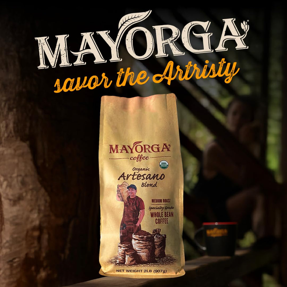 Close-up of organic label on Mayorga Artesano Blend bag.