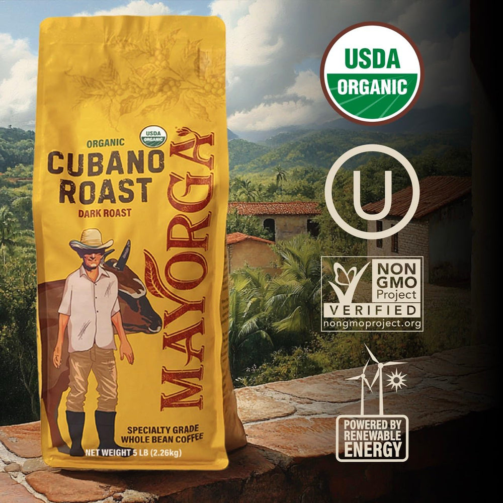 Mayorga packaging displays USDA Organic, Non-GMO, Kosher certifications
