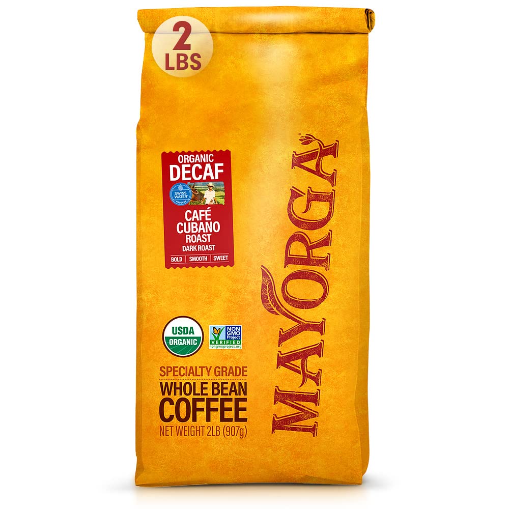 Mayorga Decaf Cubano Roast bag of whole beans for smooth flavor.