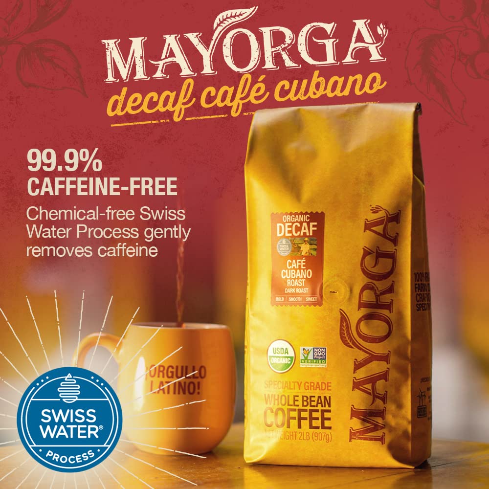 Mayorga Decaf Cubano Roast beans close-up showing dark roast.