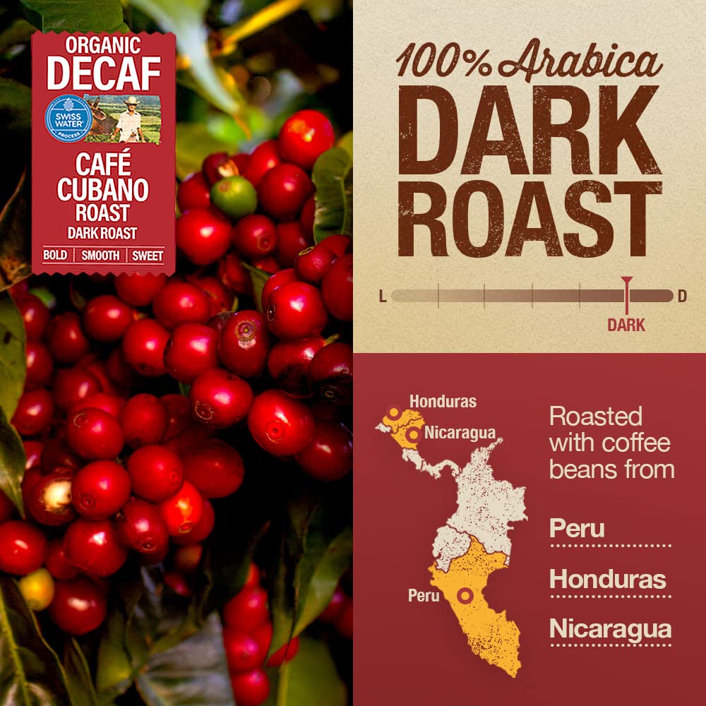 Mayorga Decaf Cubano Roast packaging label with organic marks and sustainability seals.