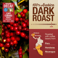 Mayorga Decaf Cubano Roast packaging label with organic marks and sustainability seals.