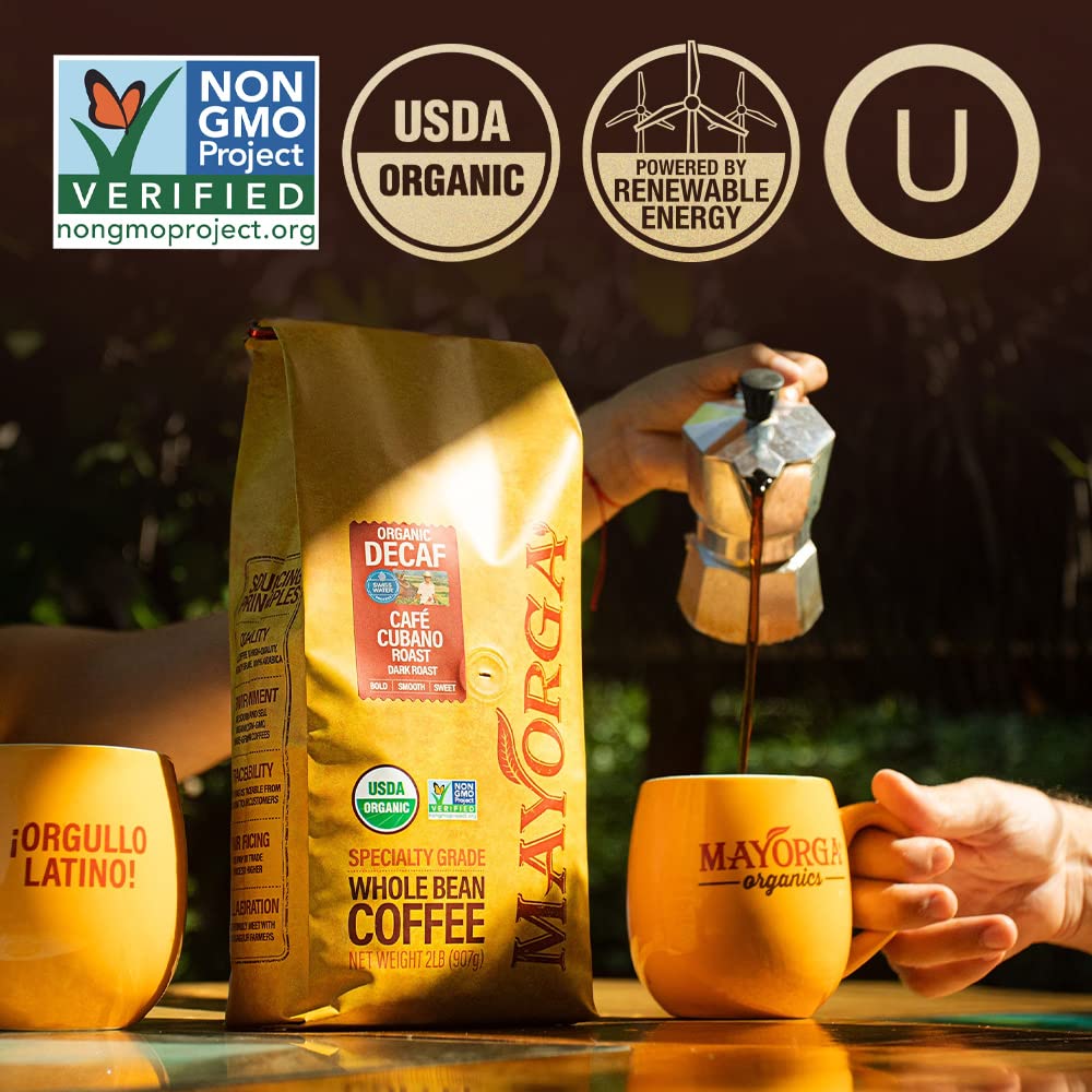 Mayorga Decaf Cubano Roast label detailing Swiss Water decaffeination.