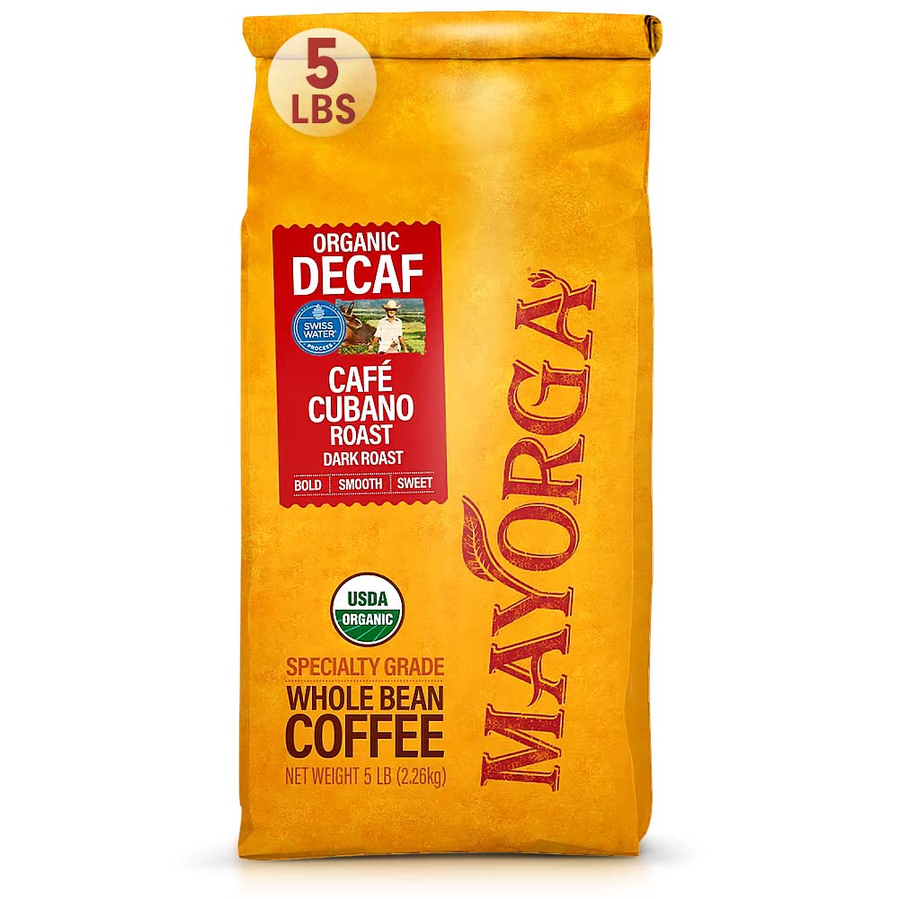 Mayorga Decaf Dark Roast Cubano beans shown for rich aroma and low acidity