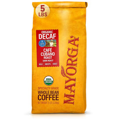 Mayorga Decaf Dark Roast Cubano beans shown for rich aroma and low acidity