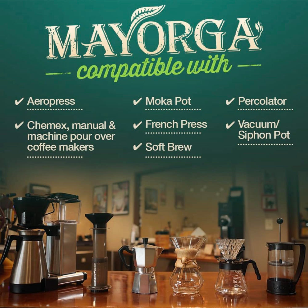 Mayorga organic certifications indicating USDA Organic, Non-GMO, and Kosher