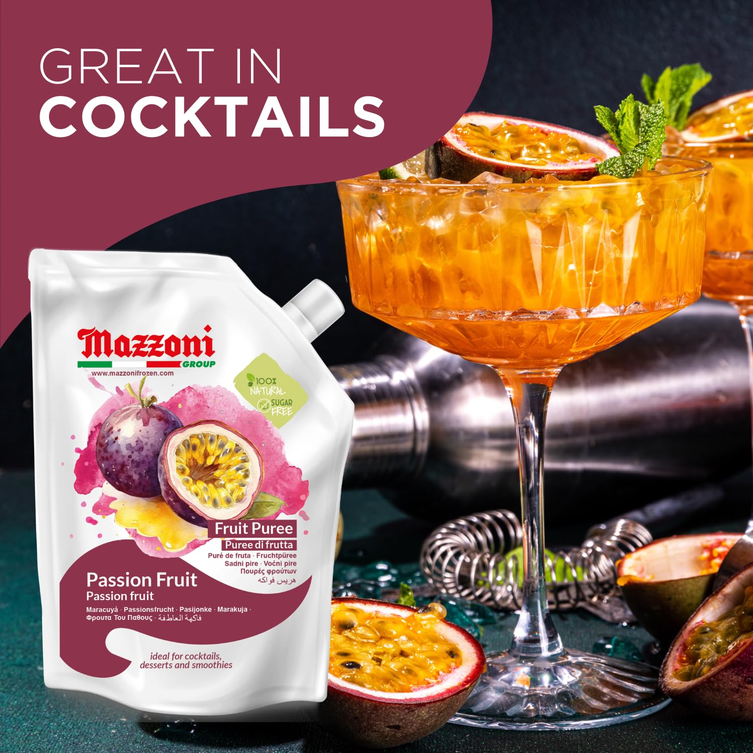 Mazzoni Passion Fruit Puree cocktail-ready base for tropical drinks and desserts.