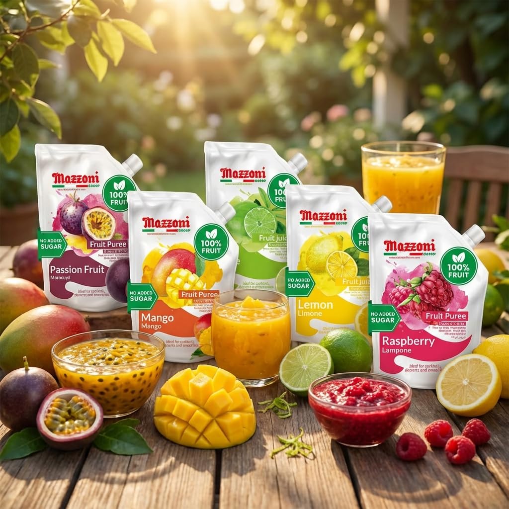 Mazzoni Passion Fruit Puree fridge-friendly packaging keeps flavor ready.