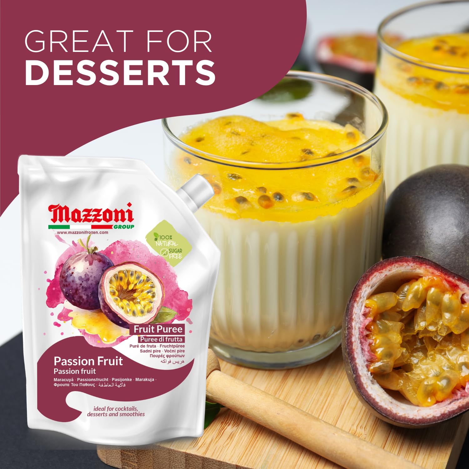 Mazzoni Passion Fruit Puree Italy-made product preserves fresh taste for recipes.