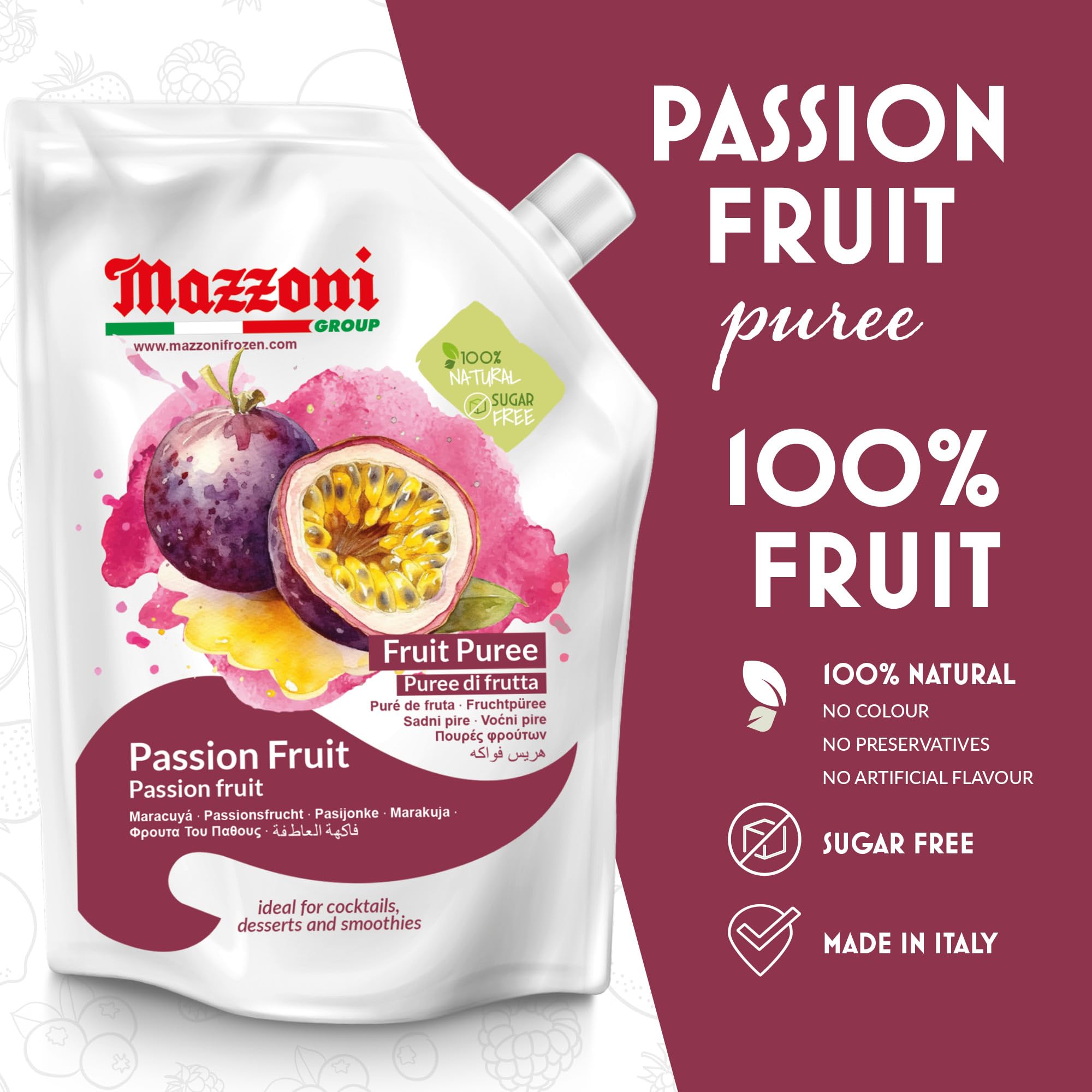Mazzoni Passion Fruit Puree pour enhances drinks with bold aroma and smooth texture.