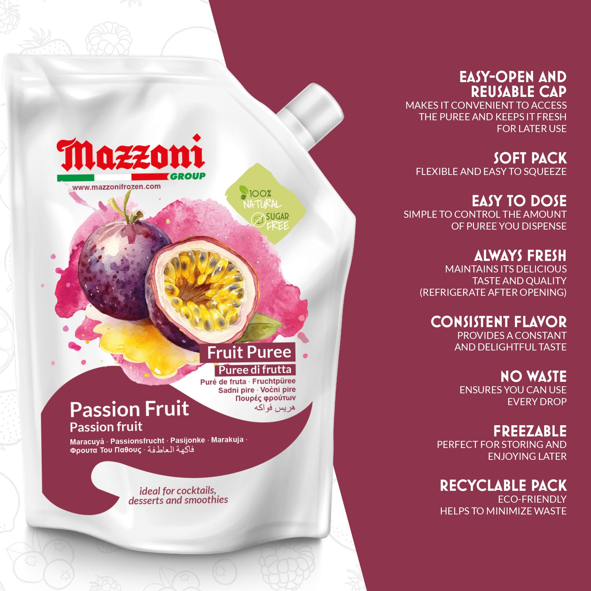 Mazzoni Passion Fruit Puree smoothie-ready base delivers real fruit brightness.